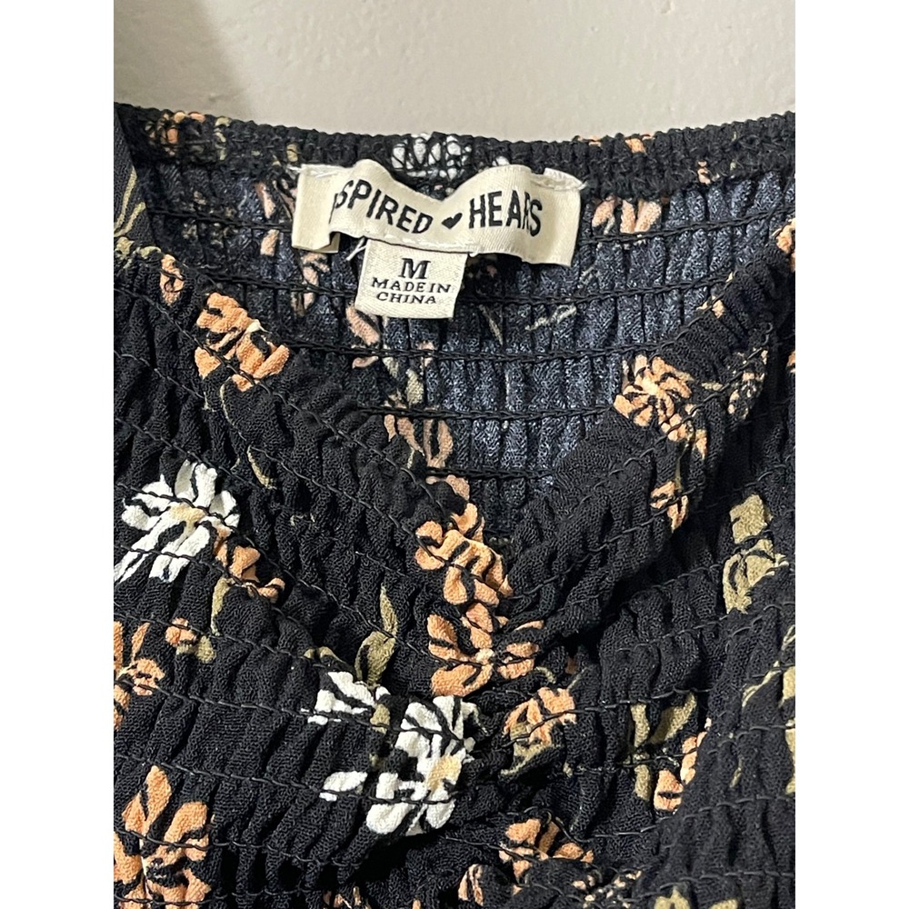 Inspired Hearts Womens Floral Smocked Ruffle Wide Leg Jumpsuit Black Orange M - Picture 8 of 12